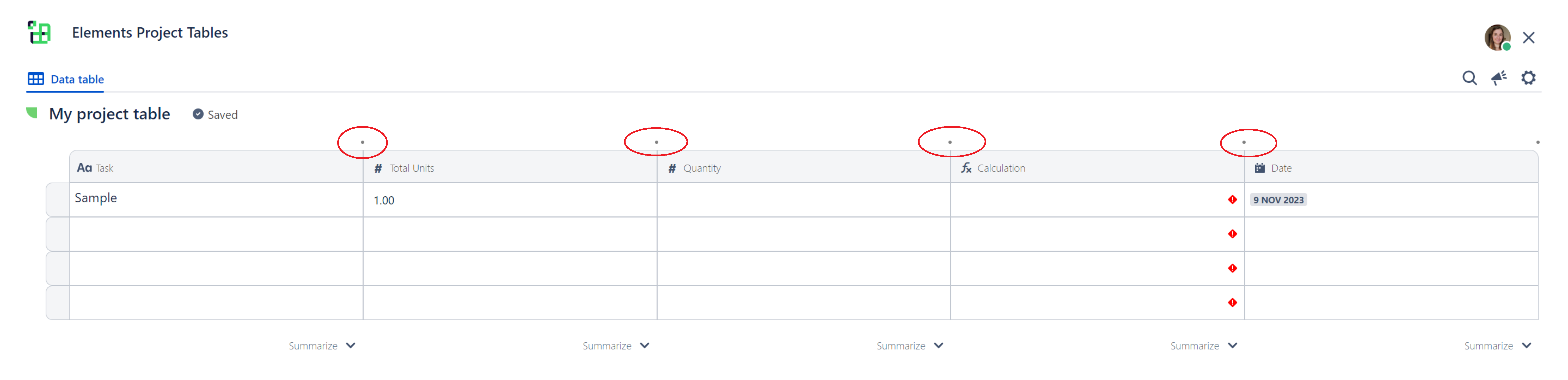 Project Tables Columns