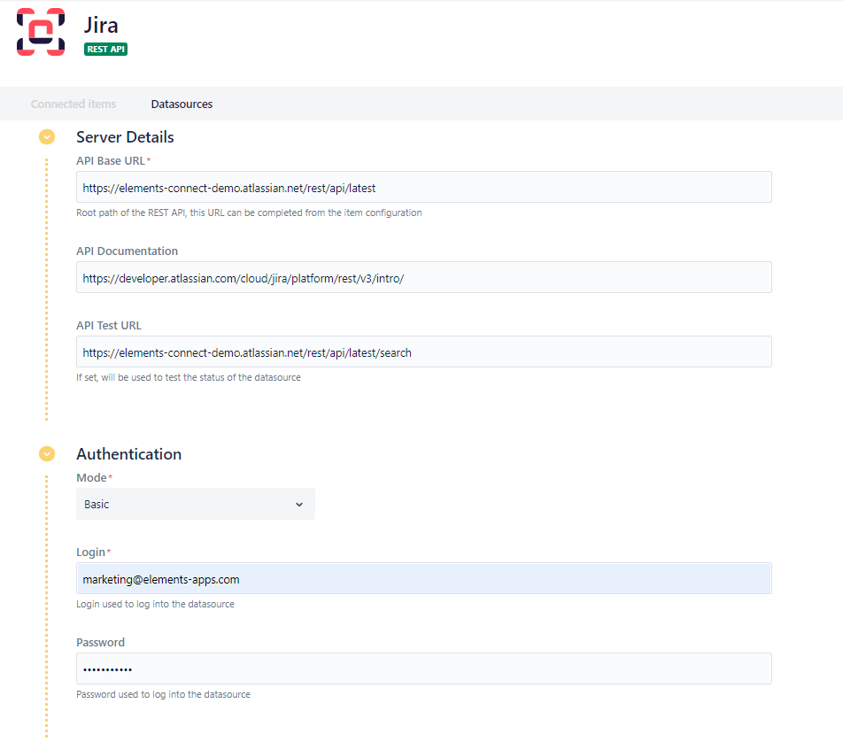 Elements Connect - Jira datasource configuration