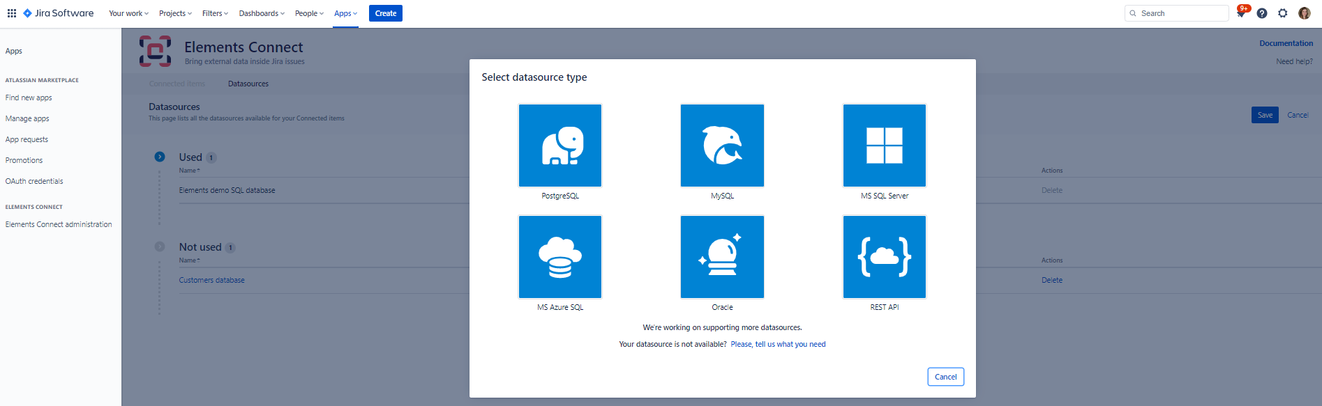 Elements Connect - Create datasource