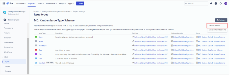 Project Settings - Edit issue types