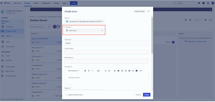 Project - Create asset type issue