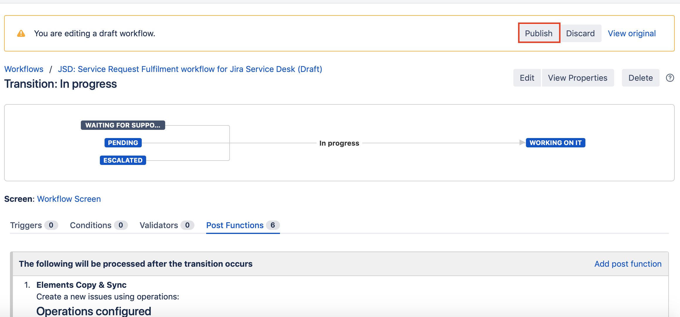 Publish project Workflow after adding the post function