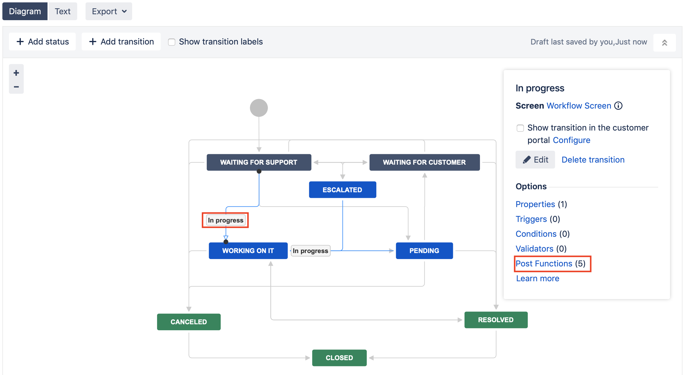 Select transition to create and link issue