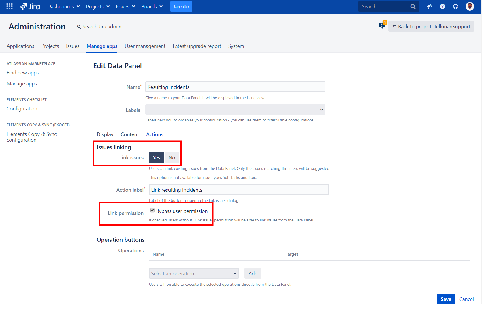 Data Panel Actions configuration