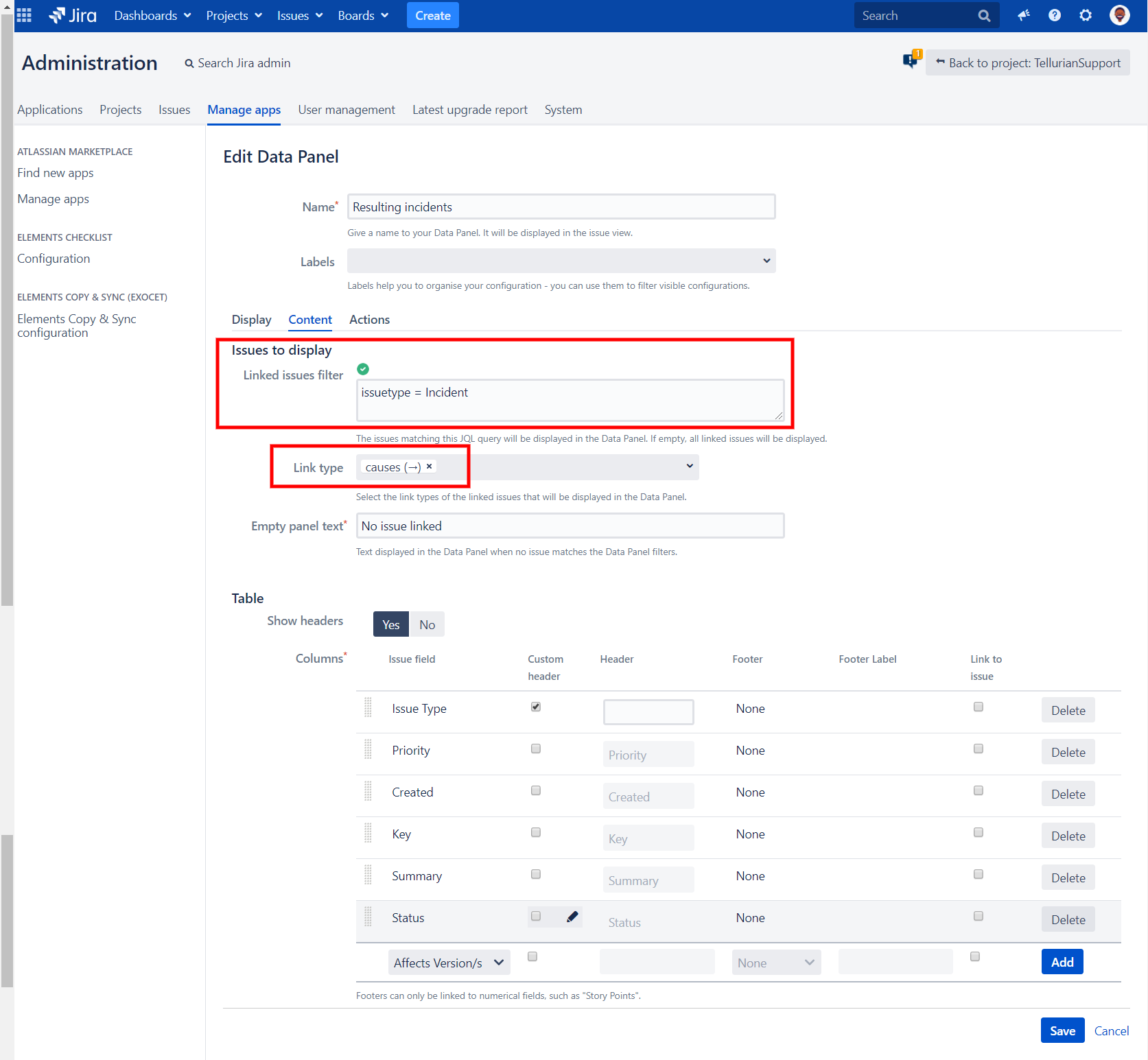 Data Panel Content configuration