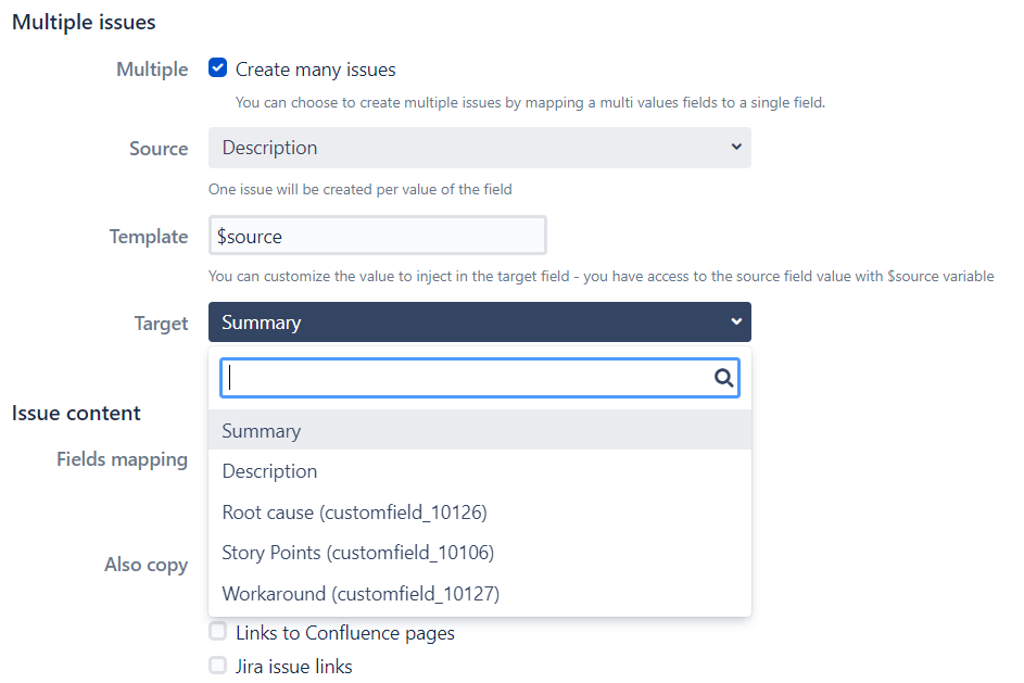 Set target field for multiple issue creation