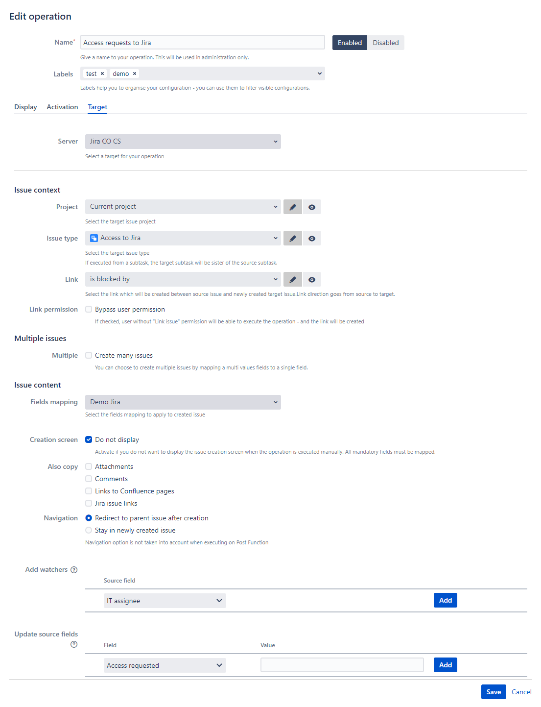 Create task and its subtasks operation target