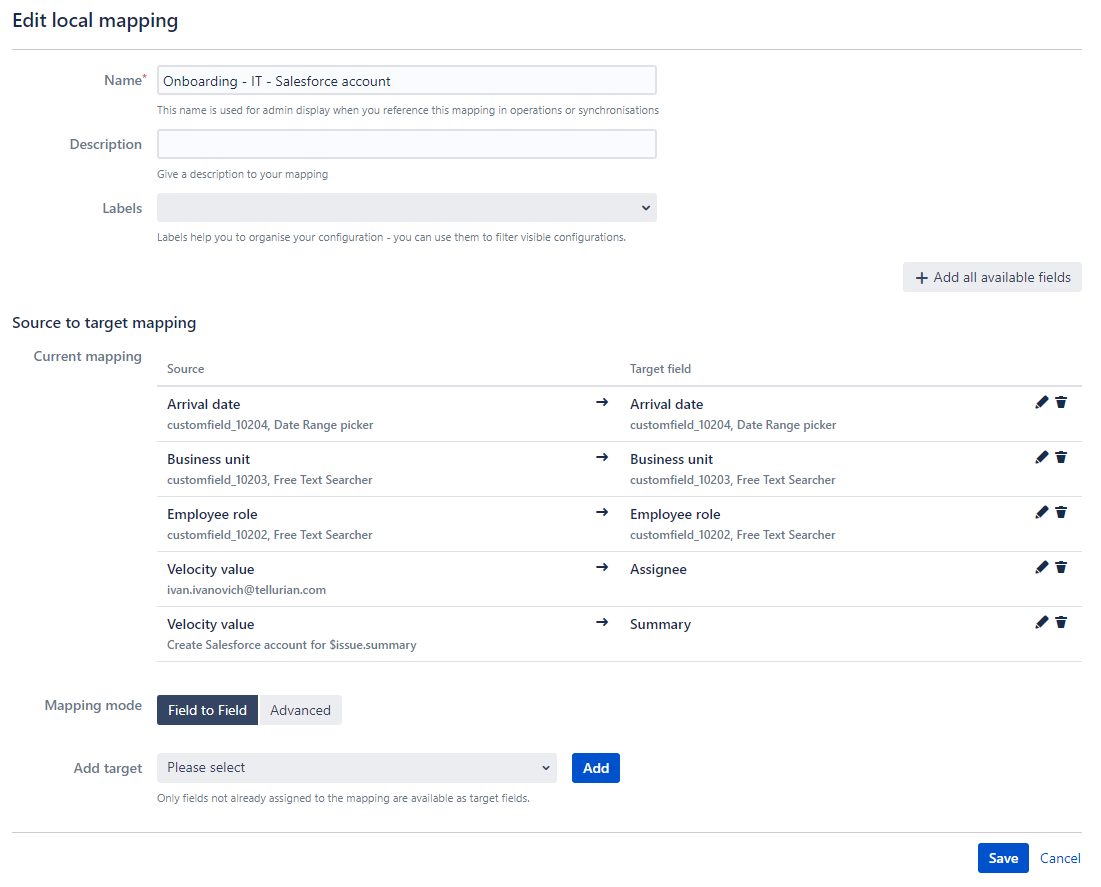 Onboarding process field mapping