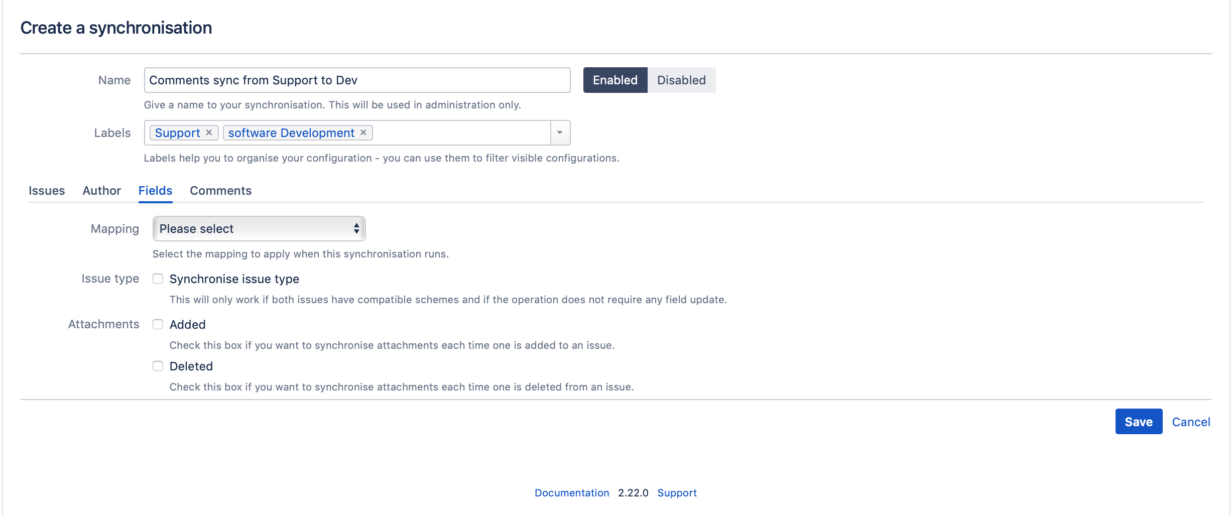 Copy and Sync Synchronization Fields tab