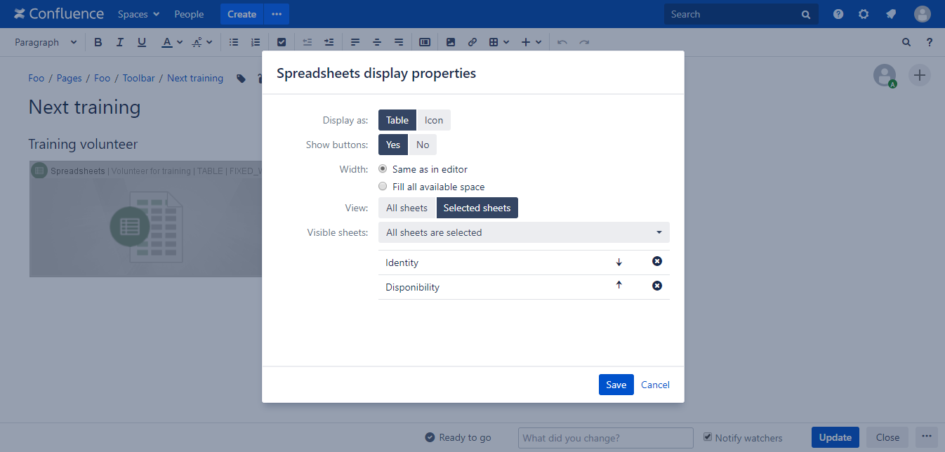 Set visible sheets in Spreadsheet