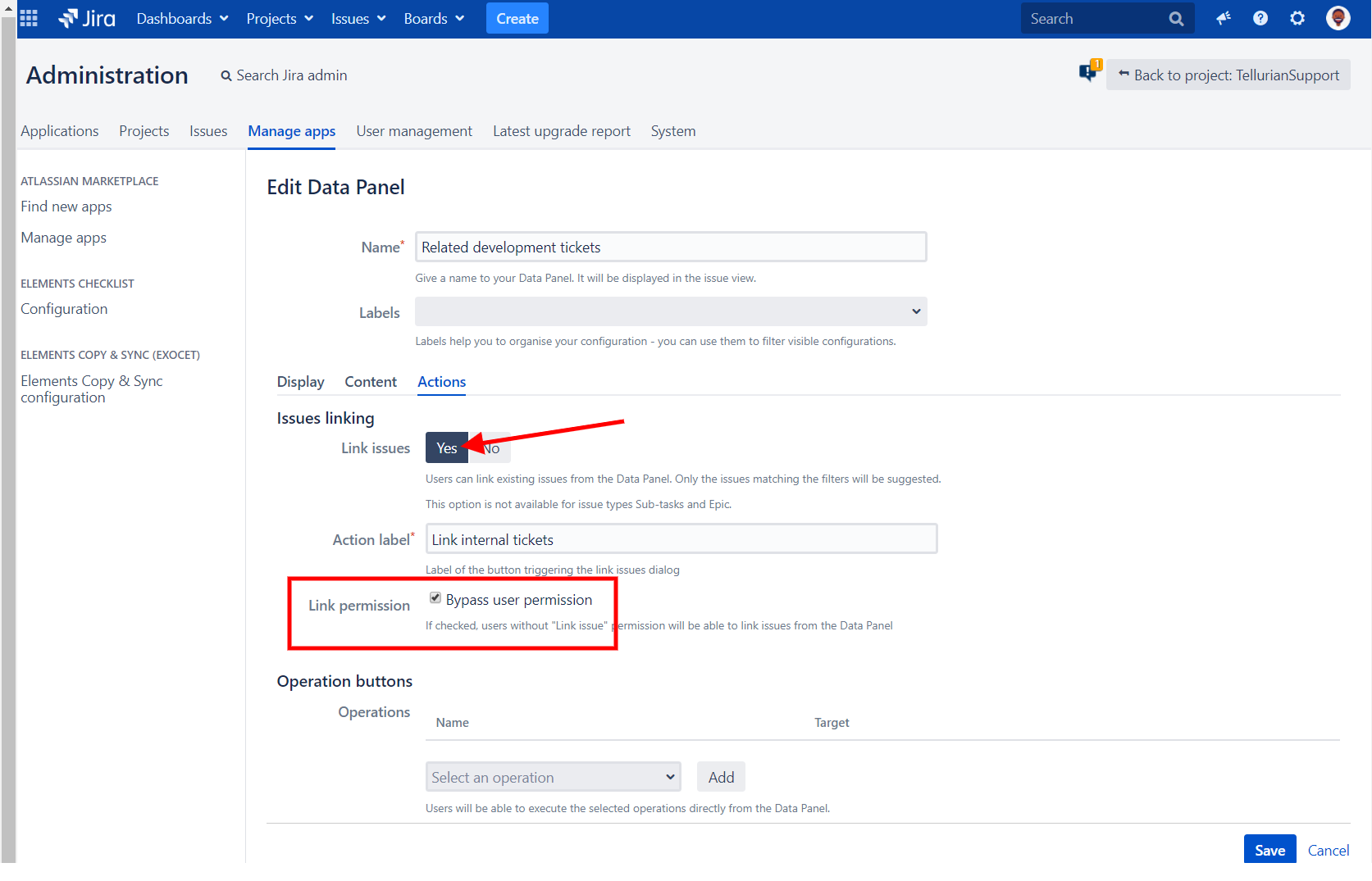 Configure Data Panel Actions tab