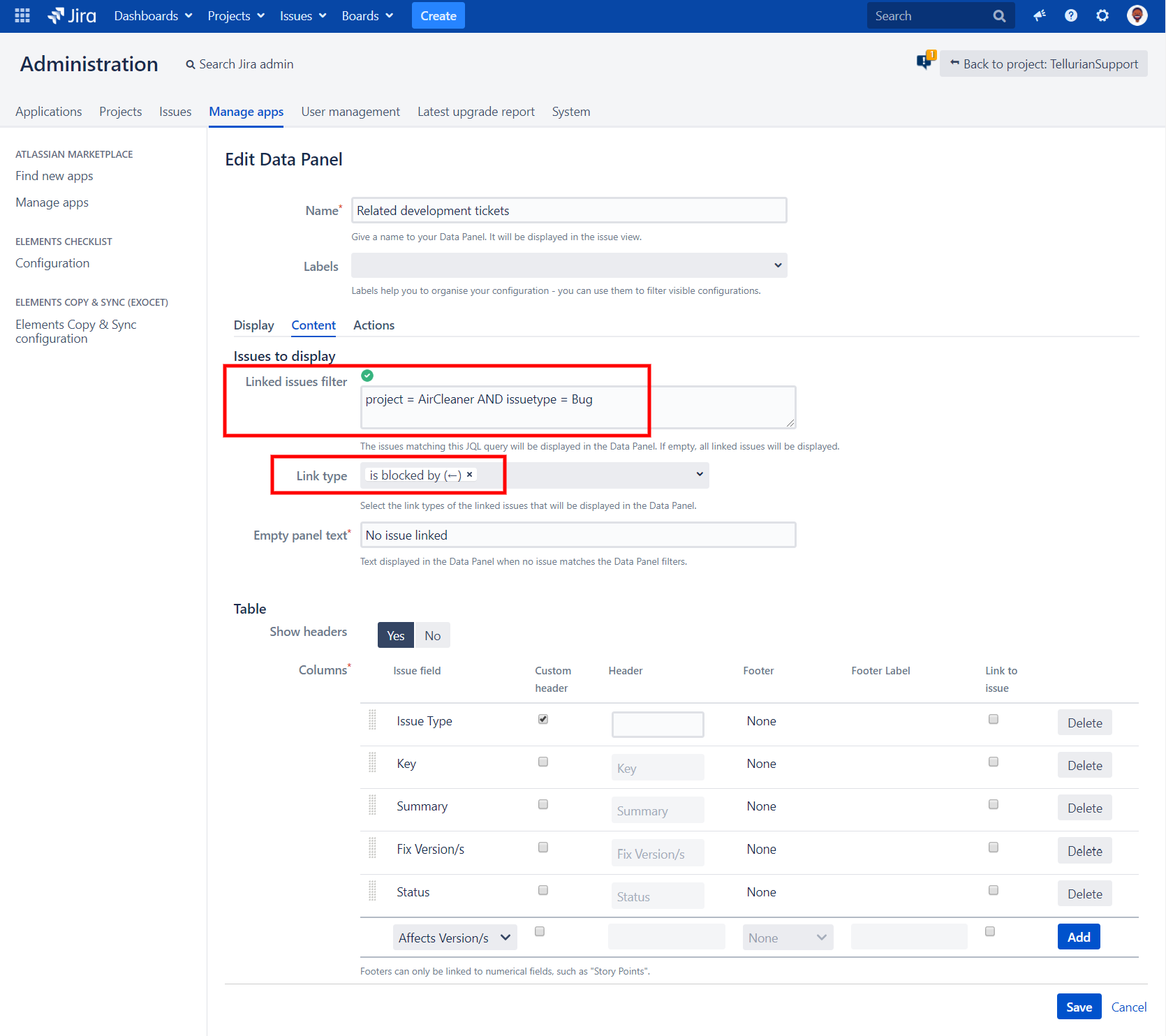 Configure Data Panel Content tab