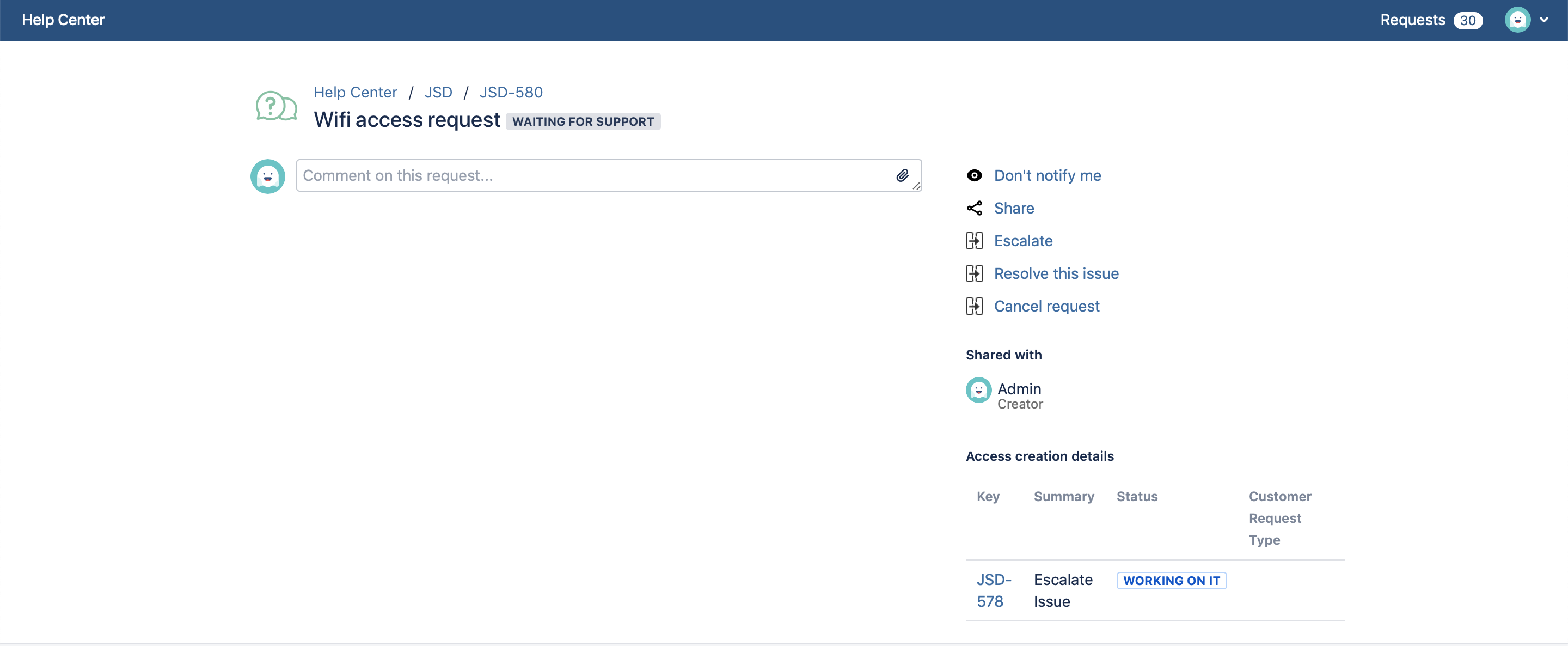 data panel of linked issue in JSD portal