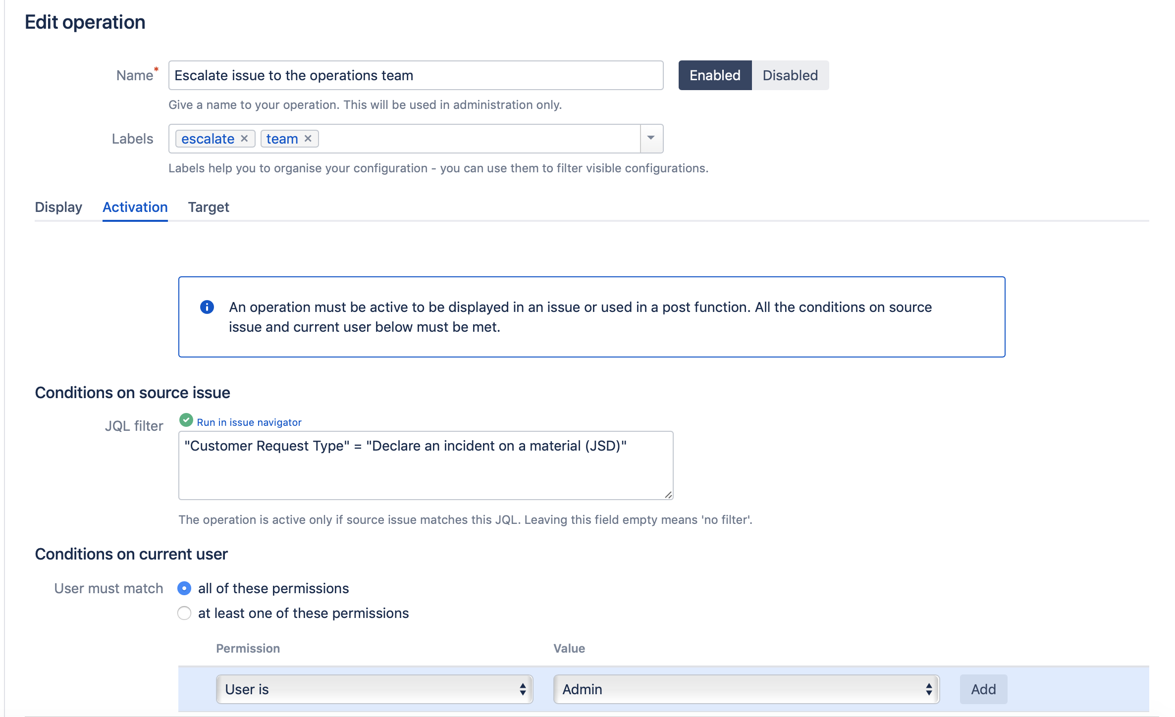 Activation tab of operation configuration 