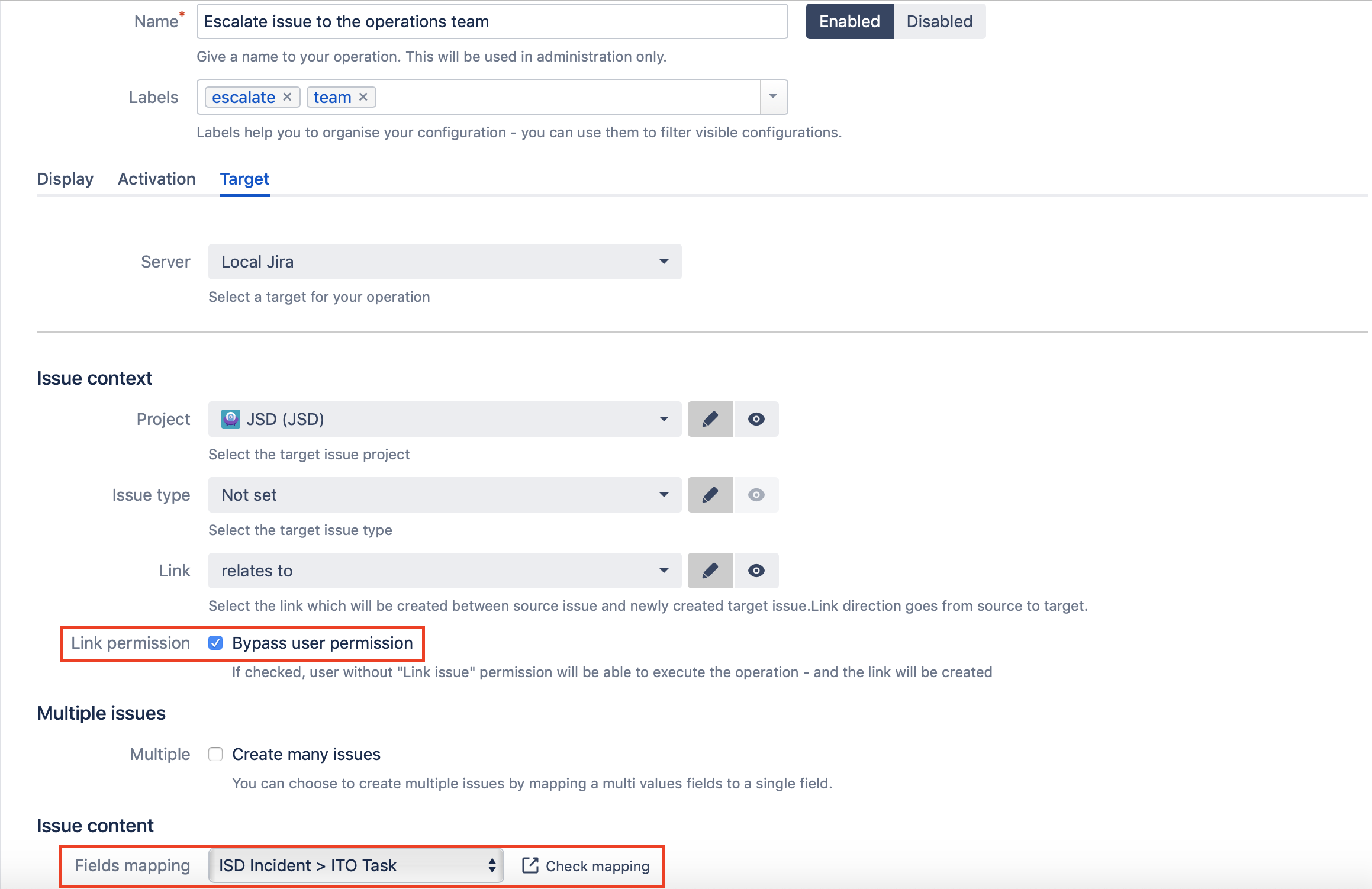 Operation configuration target tab