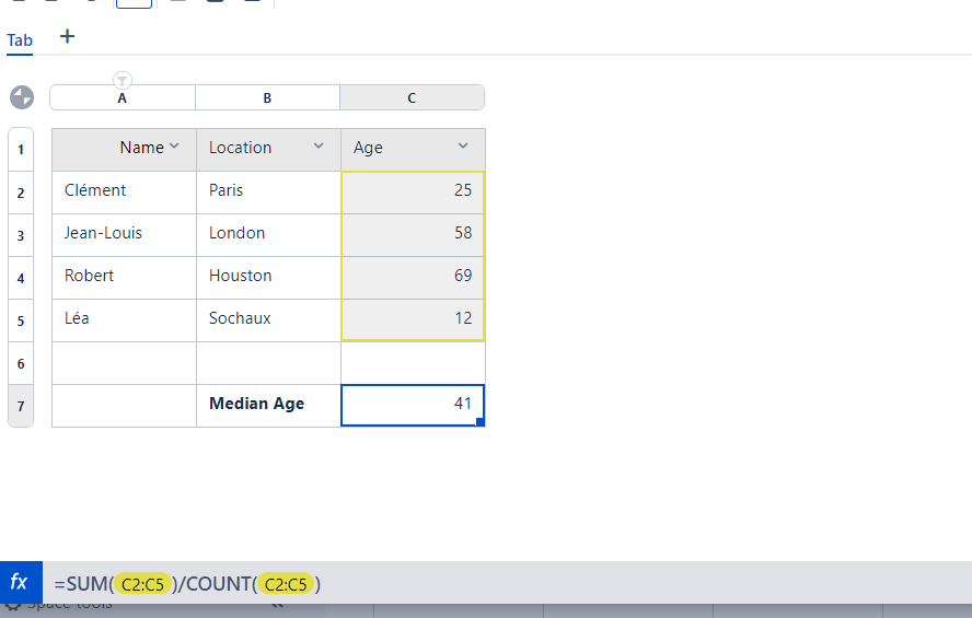 Information in the status bar of a Spreadsheet