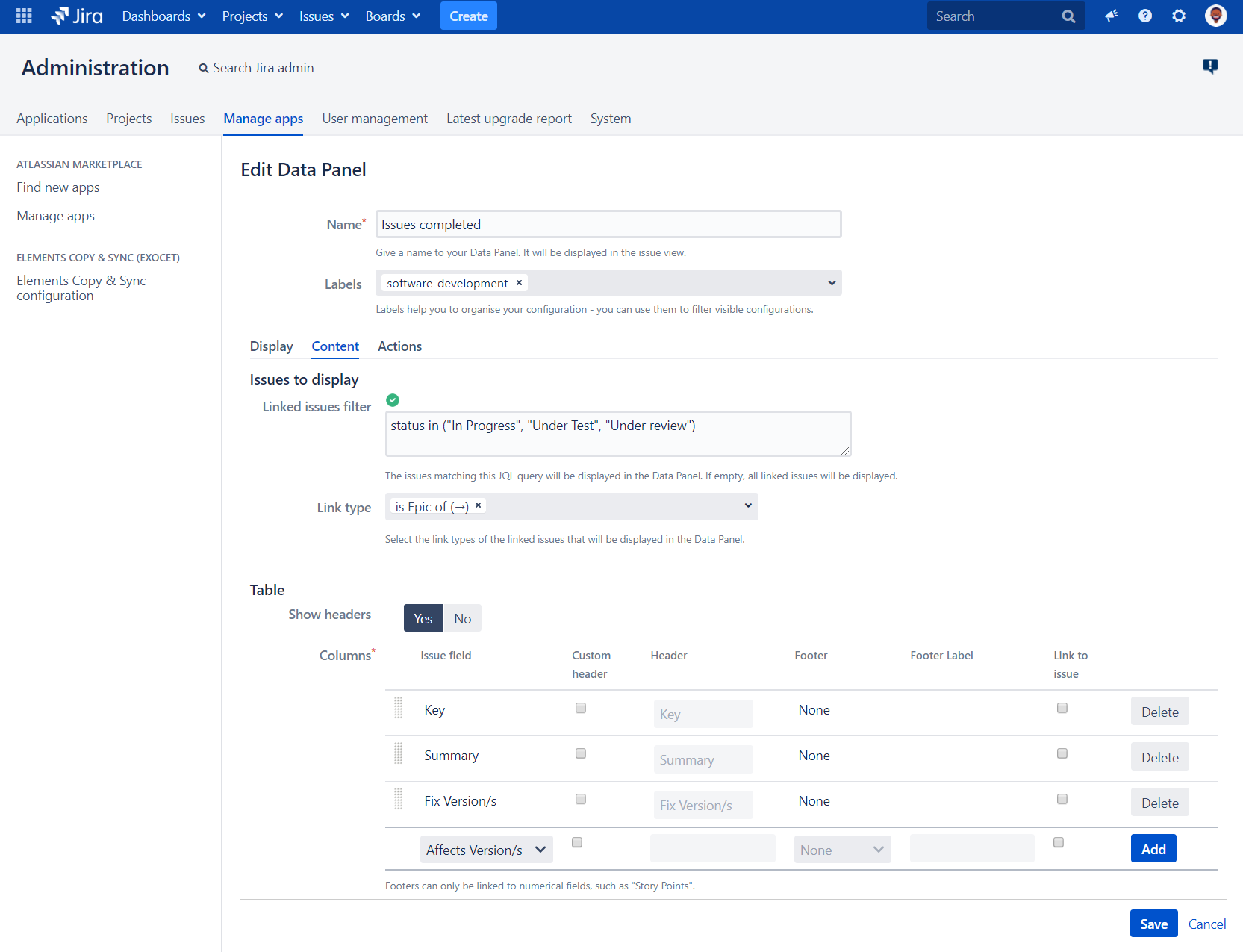 Completed issues in Epic Data panel's Content