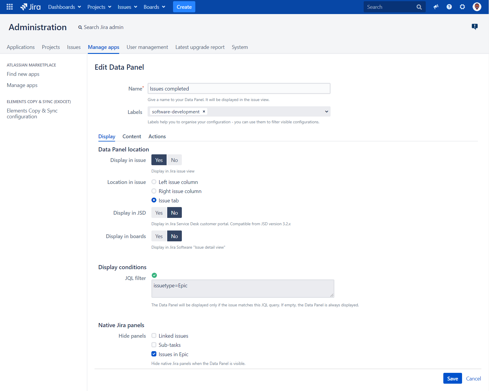 Completed issues in Epic Data panel's Display