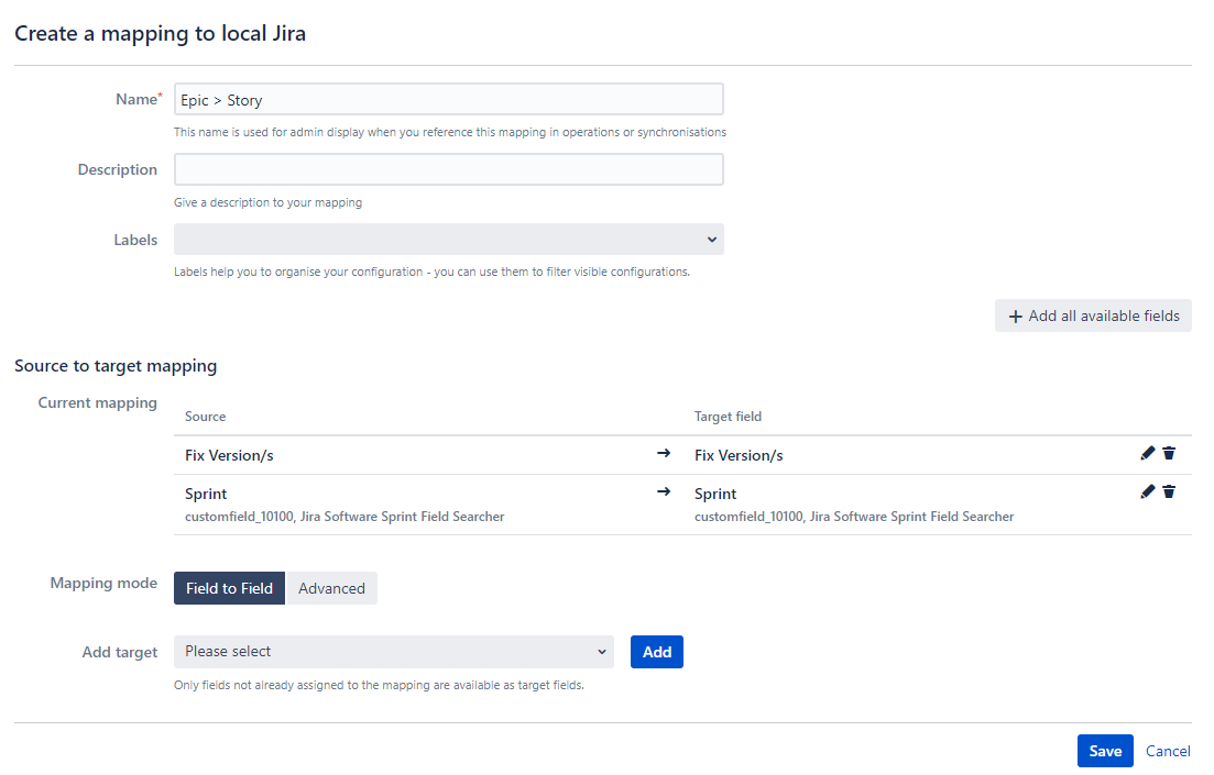 Field mapping to synchronize epic-story