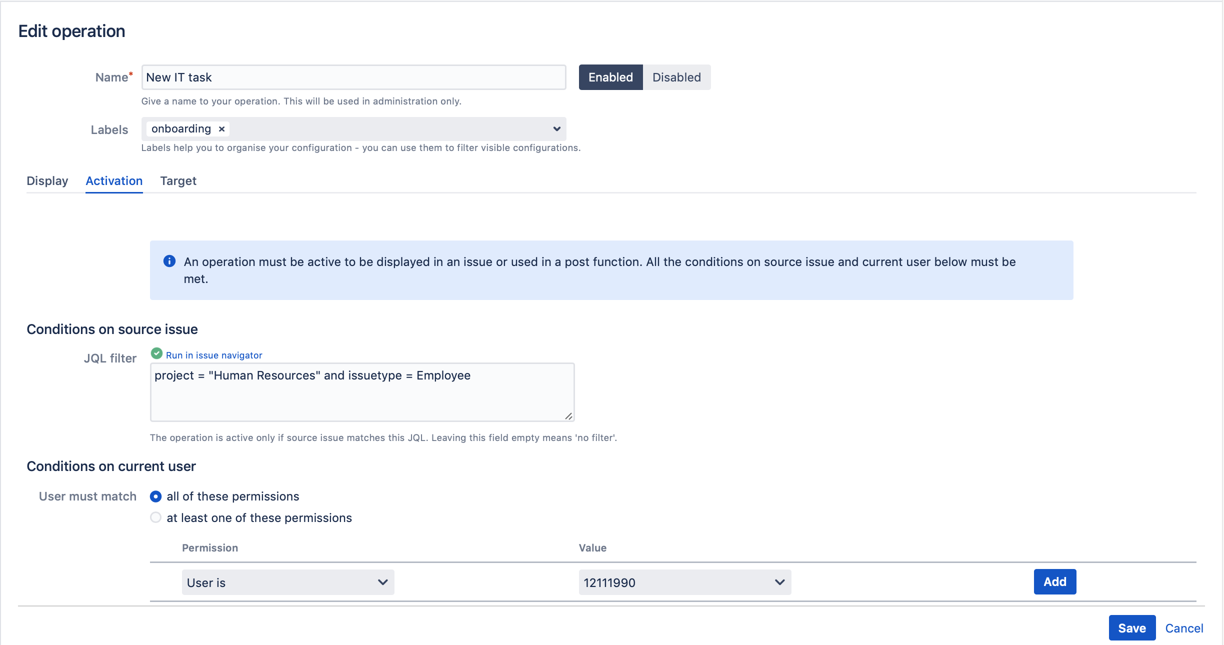 Onborading process operation activation