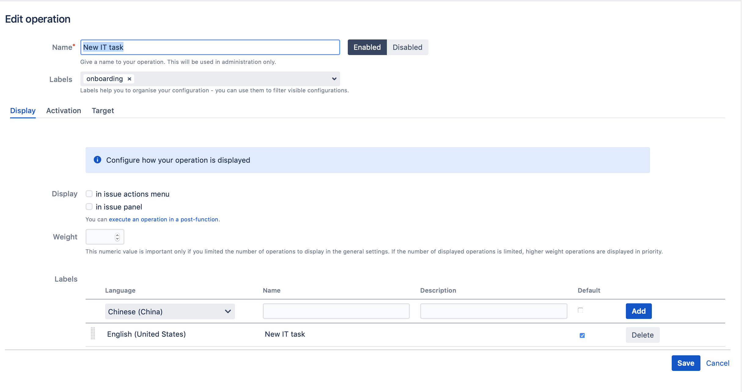 Onboarding process Operation to create new task