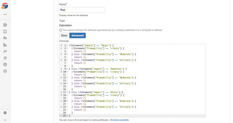 Track bugs Checklist risk calculation attribute