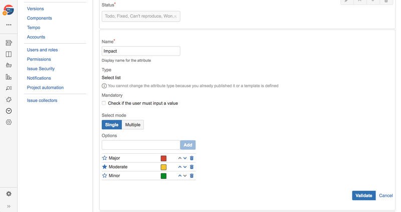 Track bugs Checklist impact attribute