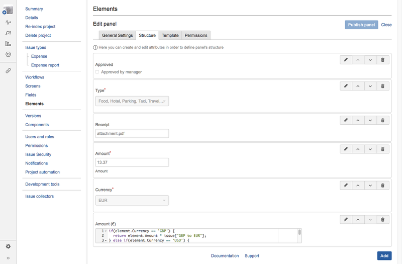 Track expenses Checklist panel attributes