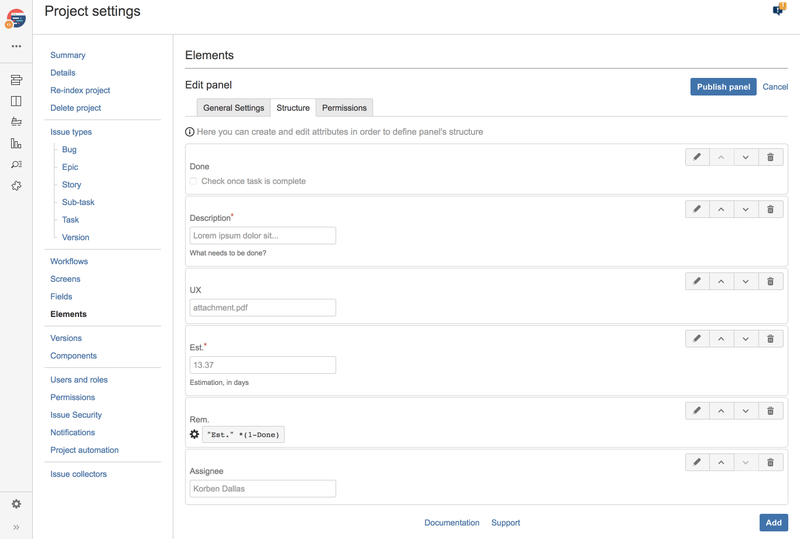 Checklist structure attribute configuration