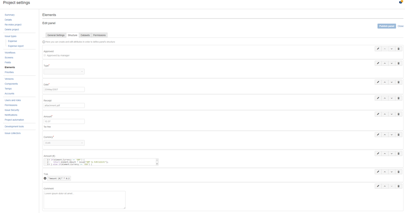 Checklist Expenses panel configuration