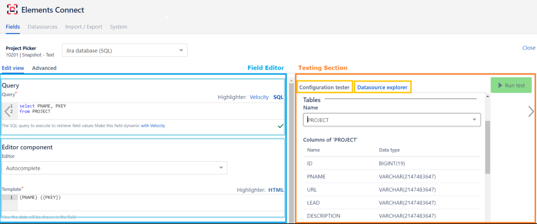 Elements Connect field configuration - Configuration tester