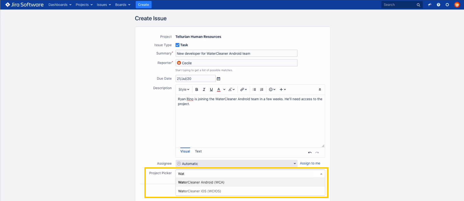 Example of end result of use case with project picker field