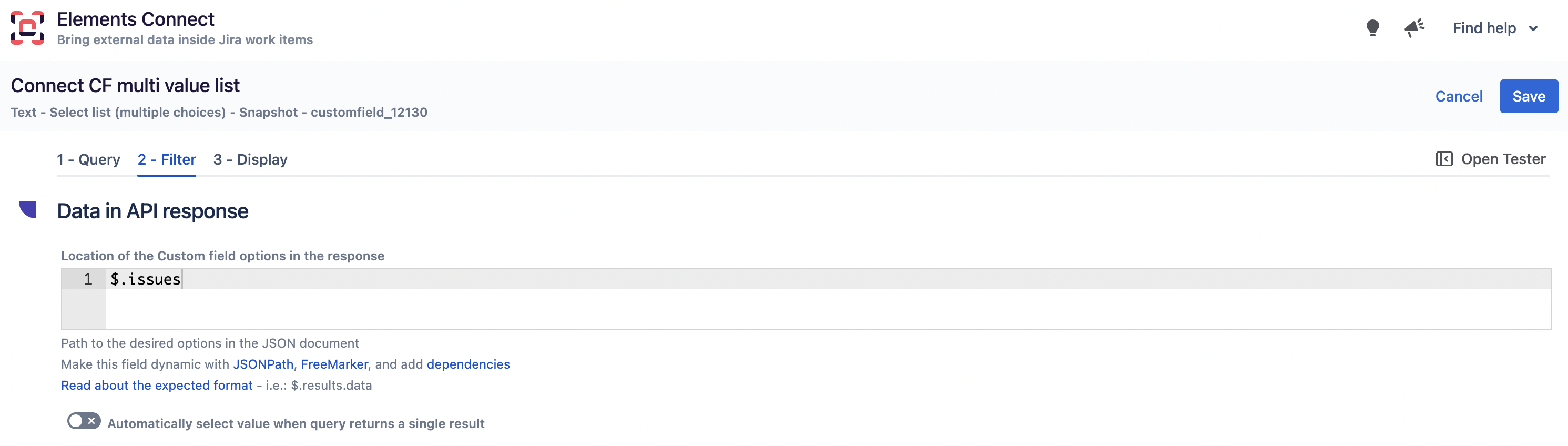 Custom field filter configuration