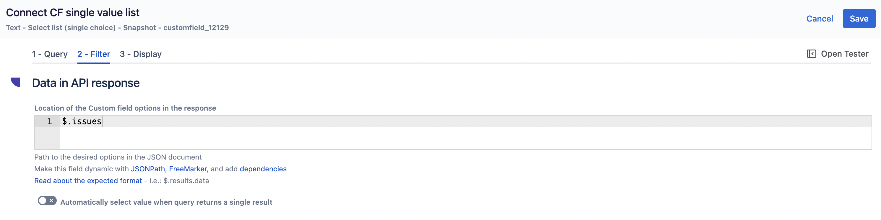 Custom field filter configuration