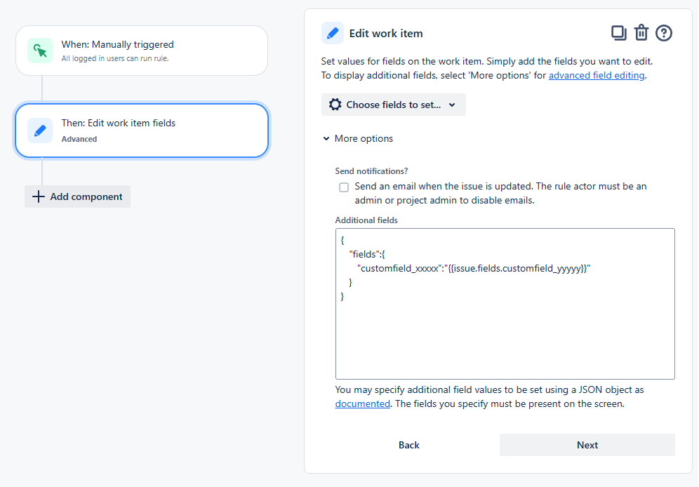 Jira Automation rule 'Edit work item fields' action with JSON payload to set an Elements Connect Snapshot custom field