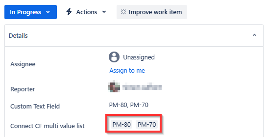 Jira issue showing the Elements Connect custom field value populated by the Automation rule
