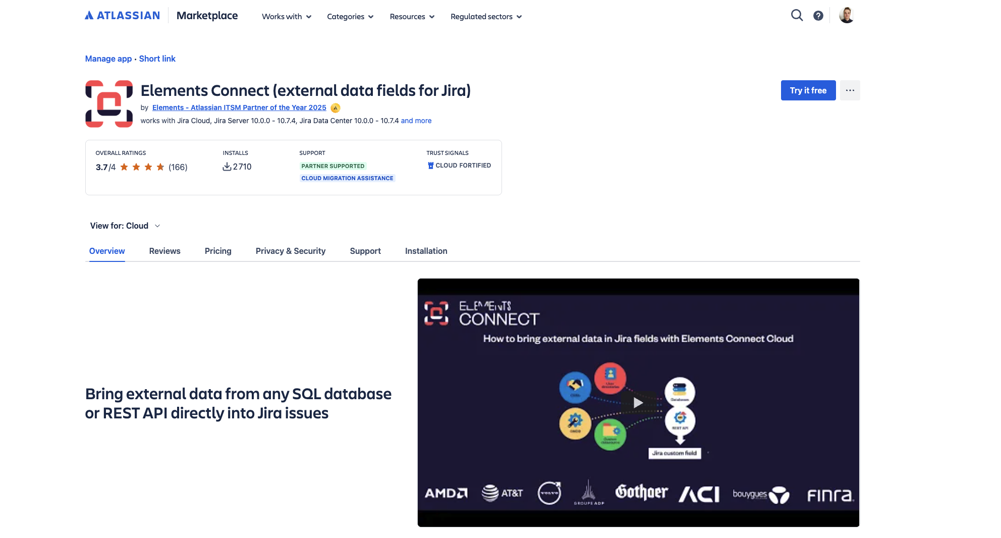 Elements Connect - external data fields app page on the Atlassian Marketplace