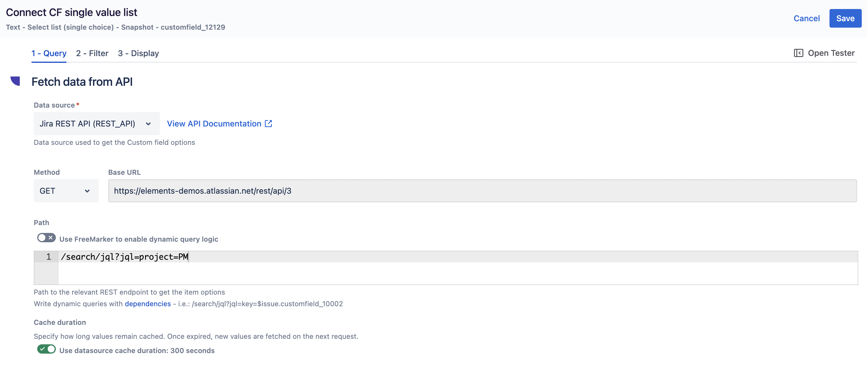 Elements Connect Snapshot single value custom field configuration in the administration panel