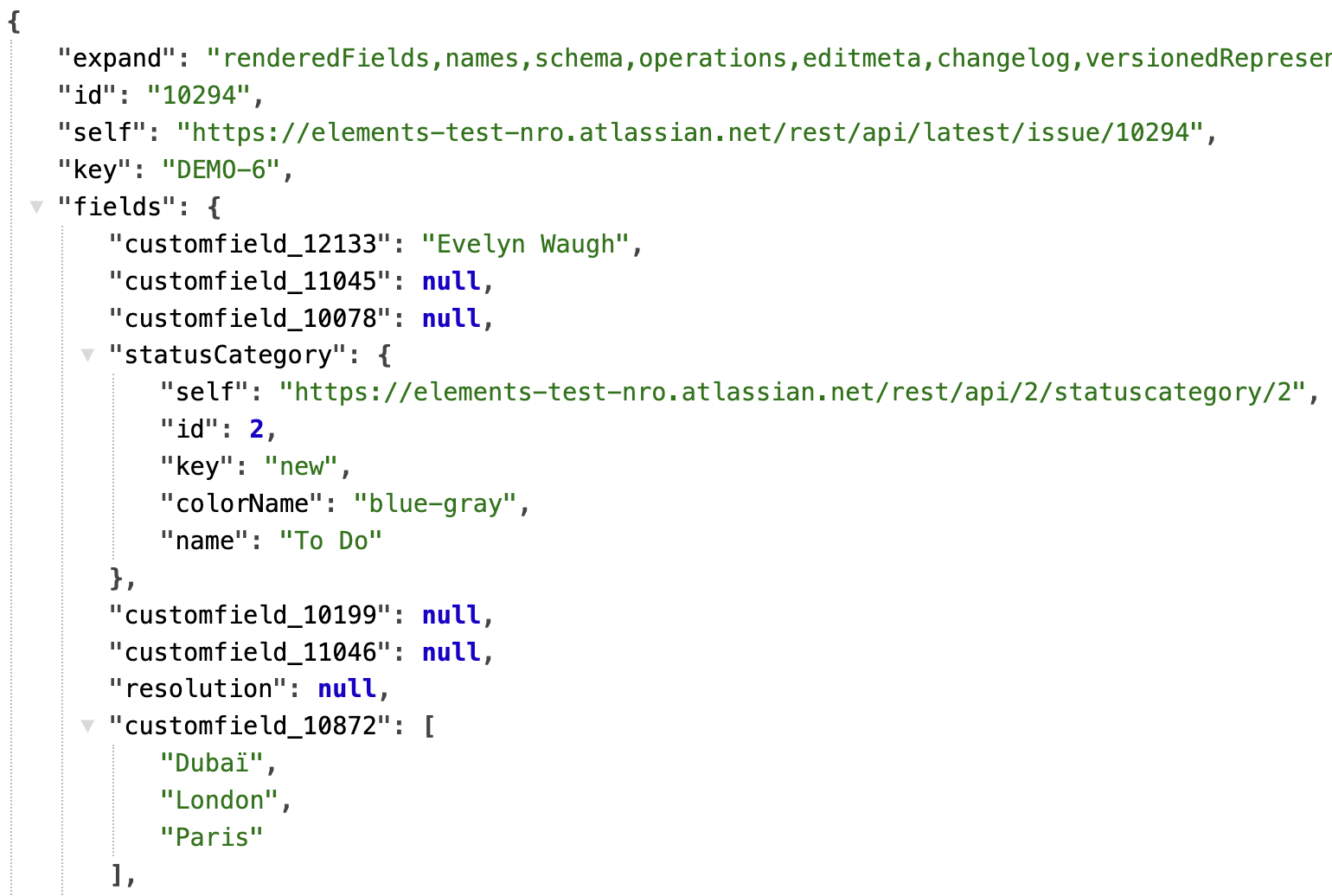 image-20250703-094843.pngExample of a Jira issue JSON response from the Jira REST API, showing the fields accessible via FreeMarker variables in Elements Connect