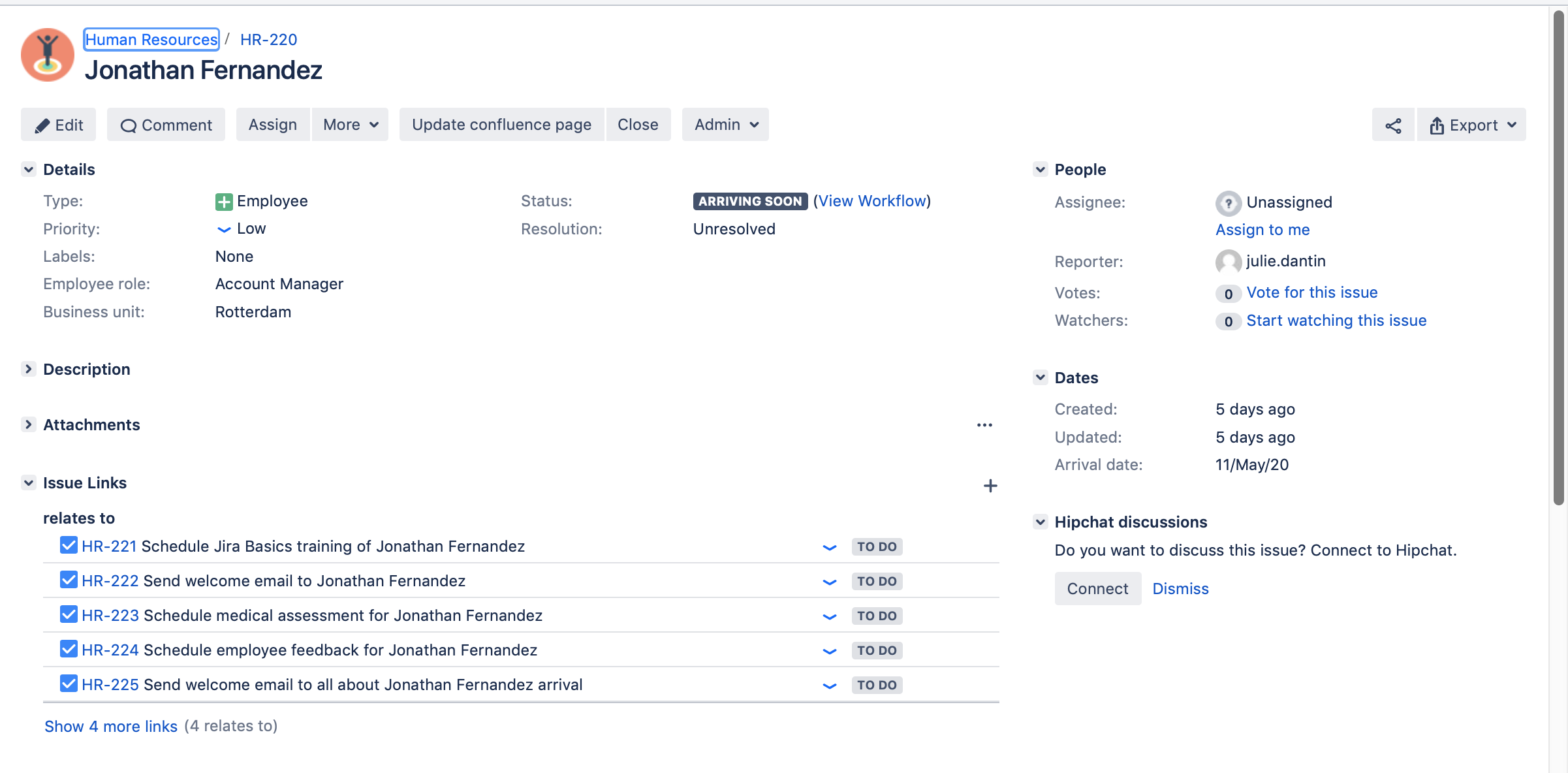 Default Jira view of Linked issues