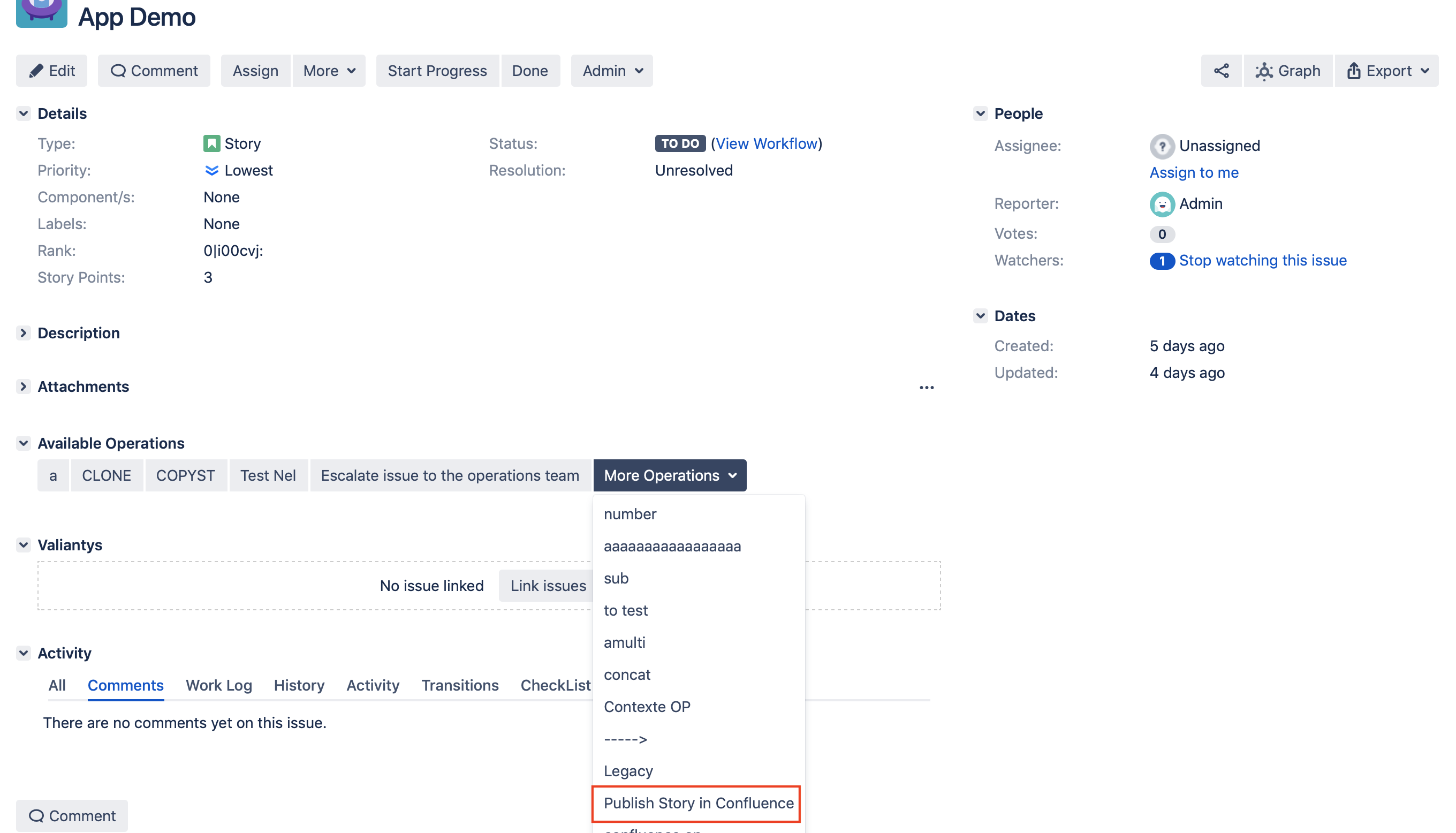 Operation in Jira to Publish Jira issues in Confluence 